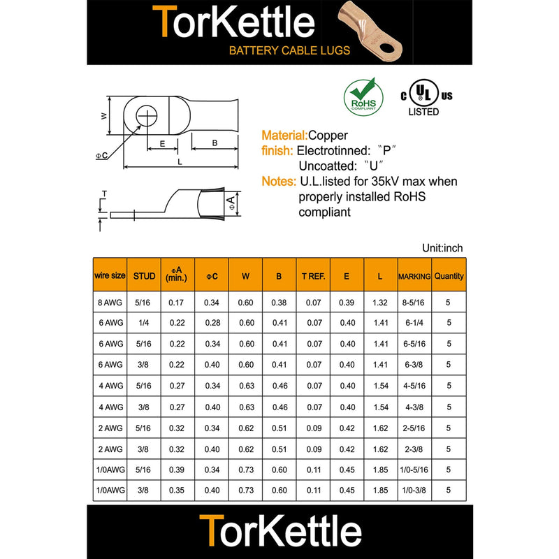 Battery Cable Ends Terminal Connectors Wire Copper Lugs Assortment Kit AWG 8 6 4 2 1/0 Gauge 5/16 3/8 Tinned Crimp Marine Ring Eyelets-10 Sizes 50PCS AWG8~1/0 Tinned copper
