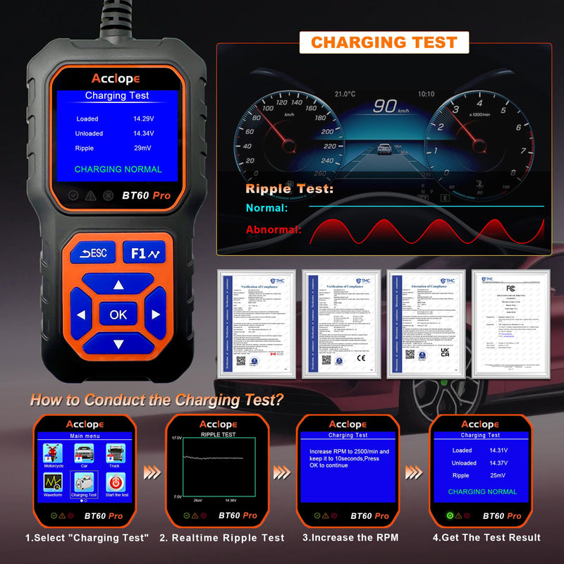  [AUSTRALIA] - BT60 Pro Acclope Car Battery Tester with Cloud Printing 100-3000 CCA 6V 12V 24V AGM Lithium Gel Battery Checker Automotive Alternator Digital Analyzer Charging Cranking System Vehicles Truck Home-use