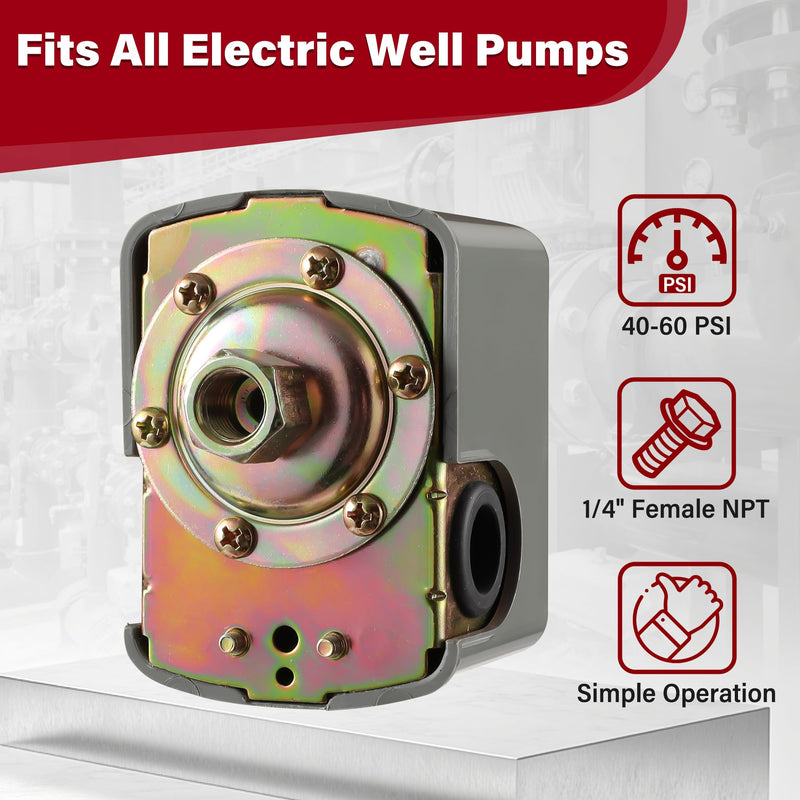 Well Pressure Switch 40/60 PSI for Well Pump, Automatic On/Off Water Pump Pressure Switch with Adjustable Differential, 1/4" NPT Connection for Residential Water Systems, Irrigation and RV
