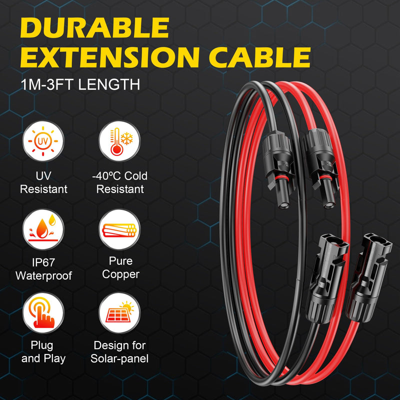3Ft Solar Cable Solar Extension Cable,10AWG Solar Panel ExtensionCable with Female and Male Connectors,Waterproof Solar ExtensionCable Kit (Red and Black). 3FT-10AWG