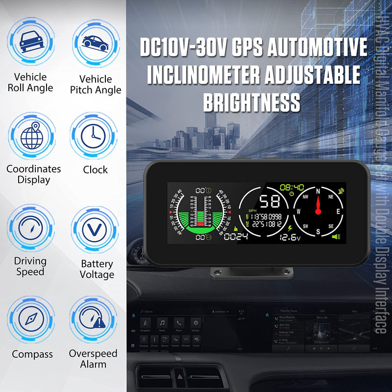 GPS Car Digital Inclinometer for Off Road Vehicles, Head Up Display DC 10-30v Multifunctional Vehicle Clinometer Digital Speedometer with Coordinate Display M60