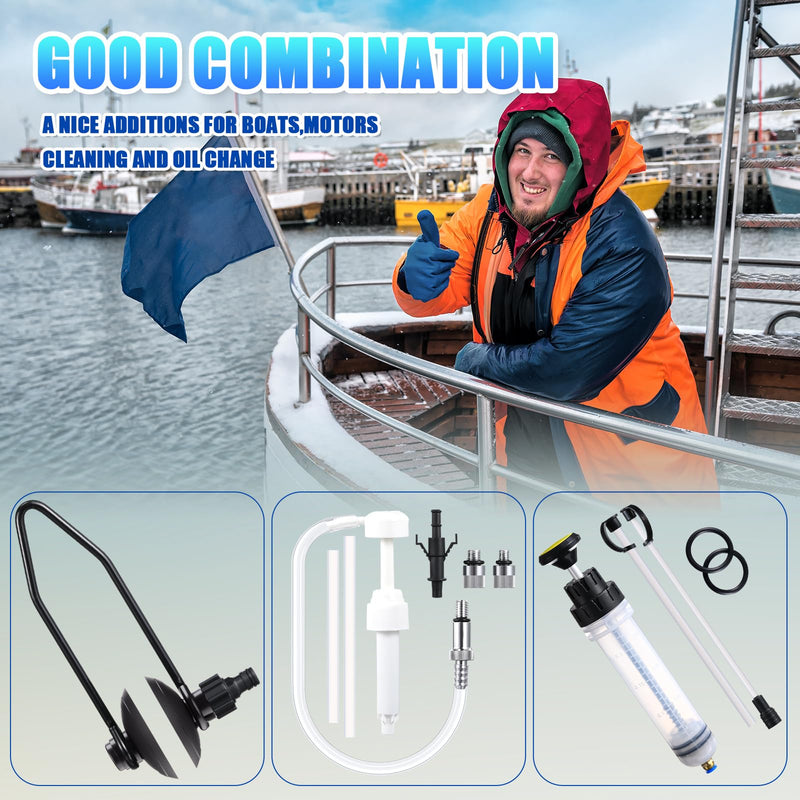 Threlaco 3 Pcs Summer Outboard Motor Flusher, Lower Unit Oil Pump and Fluid Extractor Set Double Sided Boat Ear Muffs Engine Motor Flusher Fluid Pump for Most Marine Outboard Motors Round
