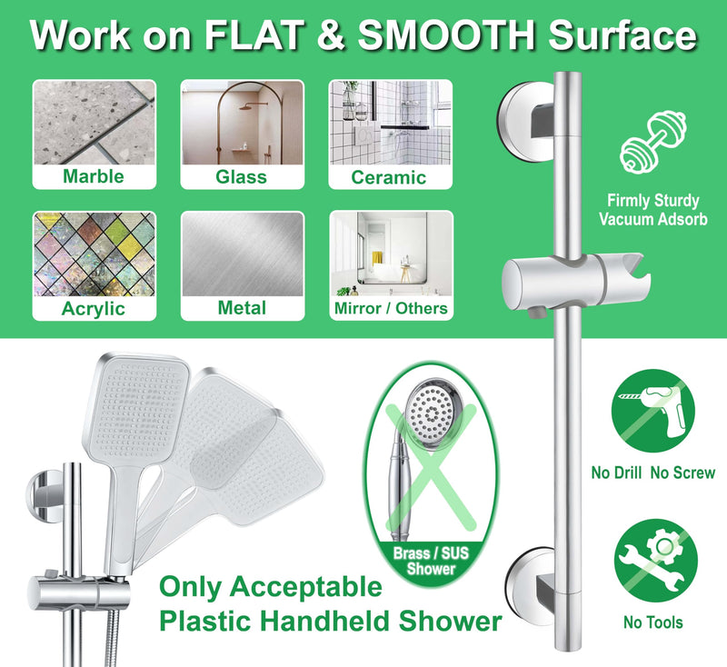 Upgraded 17.7 Inch Shower Slide Bar w/ Waterproof Suction Cup,SUS Metal Bar Heavy Duty, Removable & Adjustable Handheld Shower Head,Wall Mount Drill-Free Install No Tool,Bathroom Wall Protect Chrome Polish