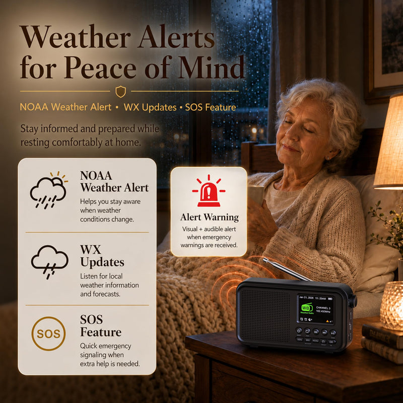 PPLEE Portable FM Radio with Bluetooth, NOAA Weather Alert, Dual Alarms | 2.4" Color Display, USB-C Rechargeable Battery, microSD Music, EQ Sound, FM/WB Radio for Bedroom Office Travel Black