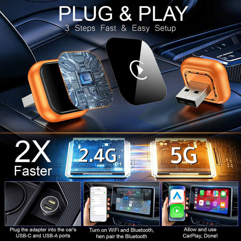 Wireless CarPlay Adapter & Android Auto Adapter, 2 in 1 Wired to Wireless CarPlay Dongle for iPhone & Android, Mini Plug & Play, Stable & No Latency, for iOS 10+ Android 11+ 2016+ Cars (Orange)