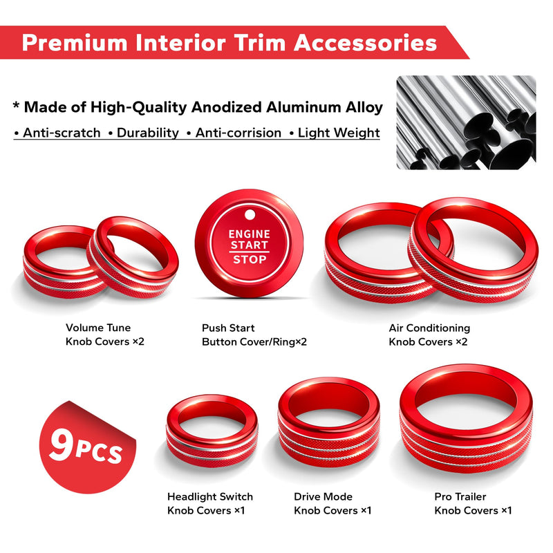 for Ford F150 Accessories 2021-2025 & Super Duty F250 F350 F450 2023-2025, 9pcs Aluminum Alloy Knob Cover Trim Set - Push Start, A/C, Vol Tune, Headlight, Pro Trailer & Drive Mode (Red) Red