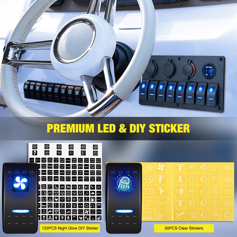 Nilight 8 Gang Rocker Switch Panel Waterproof Aluminum Marine with PD Type C & USB Charger Cigarette Lighter Socket Voltmeter Inline Fuse 12V 24V ON Off Pre-Wired Switches for Car Truck Boat Blue 8+4 Gang Type C +USB