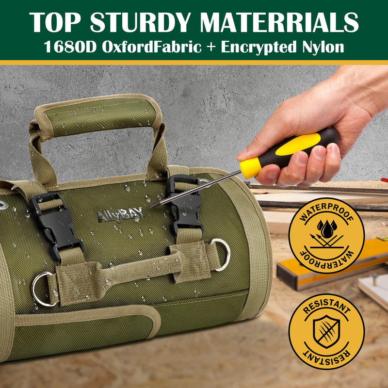 Tool Roll Up Bag Organizer, Heavy Duty Waterproof Tool Roll Bag with Detachable Pouches, Portable Tool Organizer for Mechanic, Electrician, Car Truck Motorcycle Tool Storage, Green