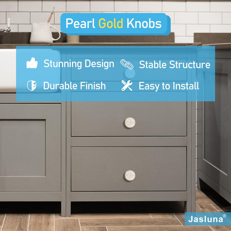 12 Pack Round Gold Cabinet Drawer Knobs,1-1/4 Decorative Pearl Drawer Pulls,Brushed Brass Furniture Hardware for Kitchen,Bathroom,Closet,Cupboard Door Pearlescent White 1-1/4 Knob 12