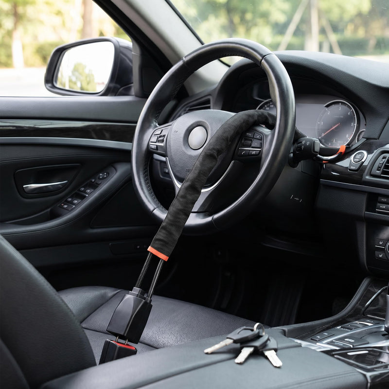 Car Steering Wheel & Seat Belt Lock, Black, 17 Inch | Thickened Braided Steel Wire, 3 Keys Included, Universal Anti-Theft Device, For Car/SUV/Truck/Golf Car