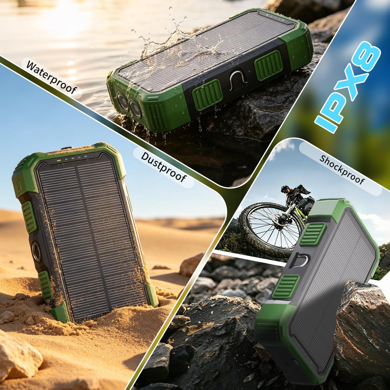 Solar Charger Power Bank 20000mAh, 22.5W Fast Charging Portable Charger with Built-in Cables, USB-C Battery Pack, Dual LED Flashlight, Compatible with iPhone & Android for Camping, Hiking, Emergency Green