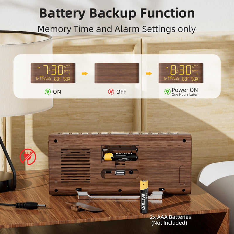 Raynic Digital Alarm Clock, Dual Alarms, 8.7" Large LED Display, USB & Type-C Charging Ports, Temperature & Humidity Display, 5-Level Dimmer & Volume for Bedroom & Home Office, Dark Wood Grain Finish