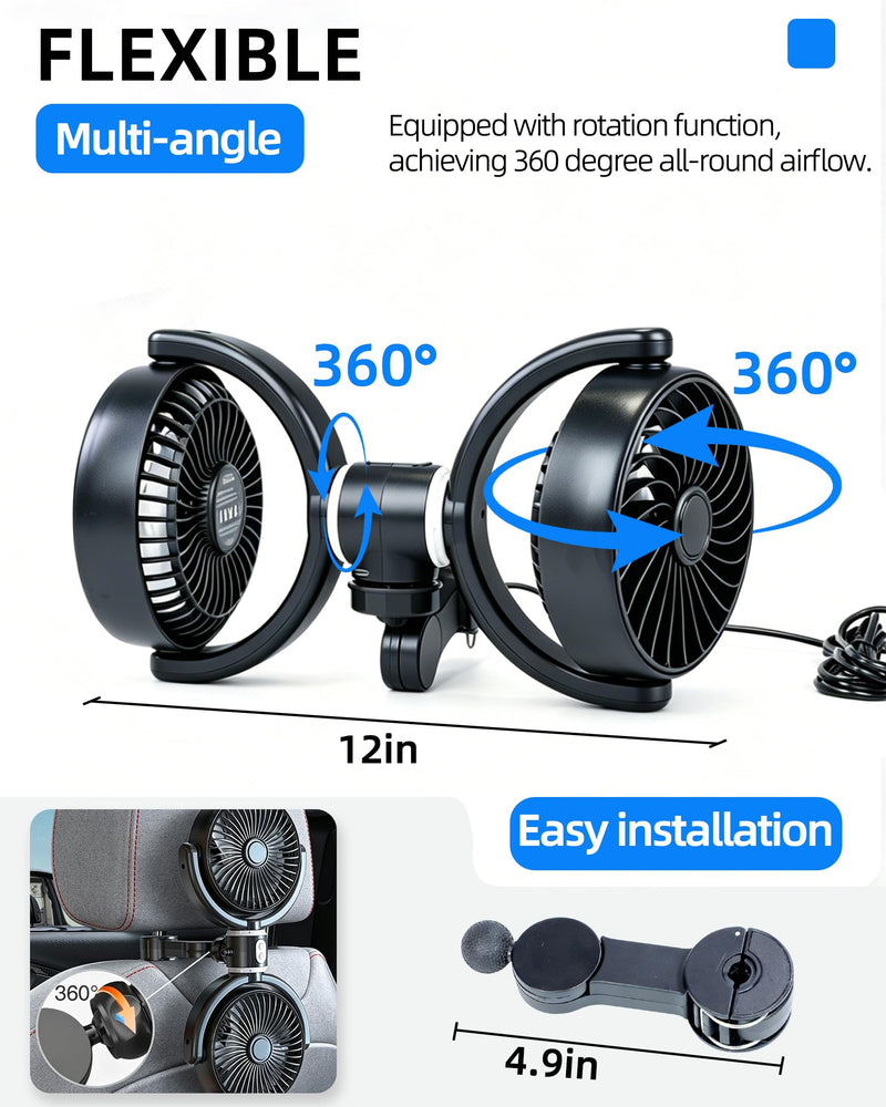 CONPEX Fan for Car Back Seat, Car Fan for Baby Rear Facing, Quiet Brushless Motor, 3-Settings, 360°Rotatable, 5a/2v Usb Carseat Fan for Vehicles Suv Rv