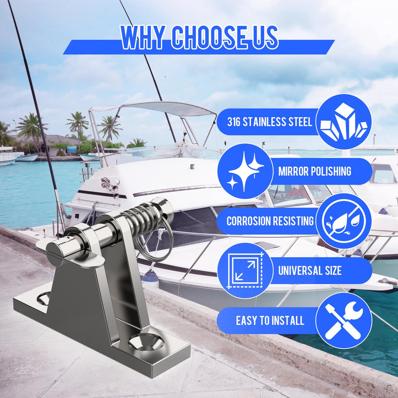 Bimini Top Deck Hinge Kit - 316 Stainless Steel Marine Hardware with Quick-Release Pins, 4 Hinges + 10 Impact Screws - Corrosion-Proof Mounting for Boats, Kayaks, Canoes