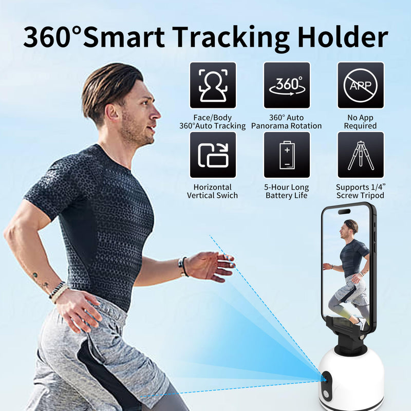 360° Rotating Auto Face Tracking Phone Holder for iPhone&Andriod Smartphone,No App,Body Tracking Gimbal Stand,Selfie Camera Mount for Live Recording Tiktok,Vlog,Video Kits Stand-White UR-F2S