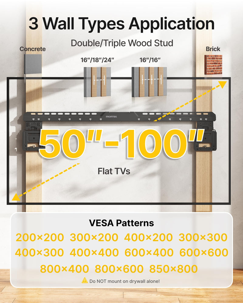 monTEK 0.35'' Ultra Slim TV Wall Mount for 50-100 Inch Flat & Frame TVs | up to 165 lbs, Low Profile Flush TV Mount, Micro Gap TV Bracket, Max VESA 850x800mm, Fits 16’’/18’’/24’’/32’’Studs 50-100 Inch TVs