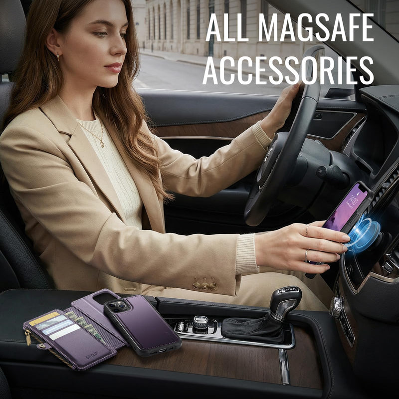 for iPhone 13 Pro Max - Phone Case Wallet Magnetic, Purple | Compatible with Magsafe, Detachable, RFID Blocking Card Holder, Zipper Pocket, Wrist Strap, for Women Men, Durable PU Leather Deep Purple