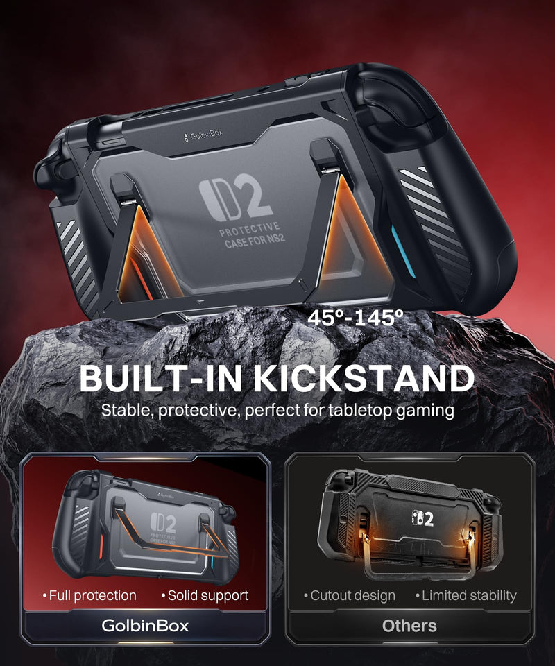 GolbinBox Hard Shell Case for Nintendo Switch 2 with Kickstand, Black | Magnetic split design, aluminum stand, military-grade protection, detachable Joy-Con covers, for travel and commuting