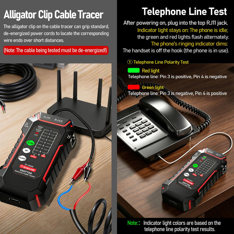 Network Cable Tester, RJ45/RJ11 Wire Tracer and Line Finder, Tone Generator Ethernet Cable Tester, Cable Tracer for LAN/POE /Cat5/Cat6 Networks, Cable Verification and Telephone Line Testing ZC-802G