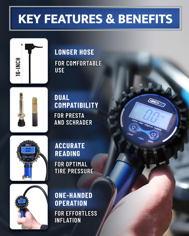 Presta Valve Air Chuck – Digital Bike Tire Inflator with Pressure Gauge – Schrader to Presta Valve Adapter for Air Compressor Blue (Classic Style)