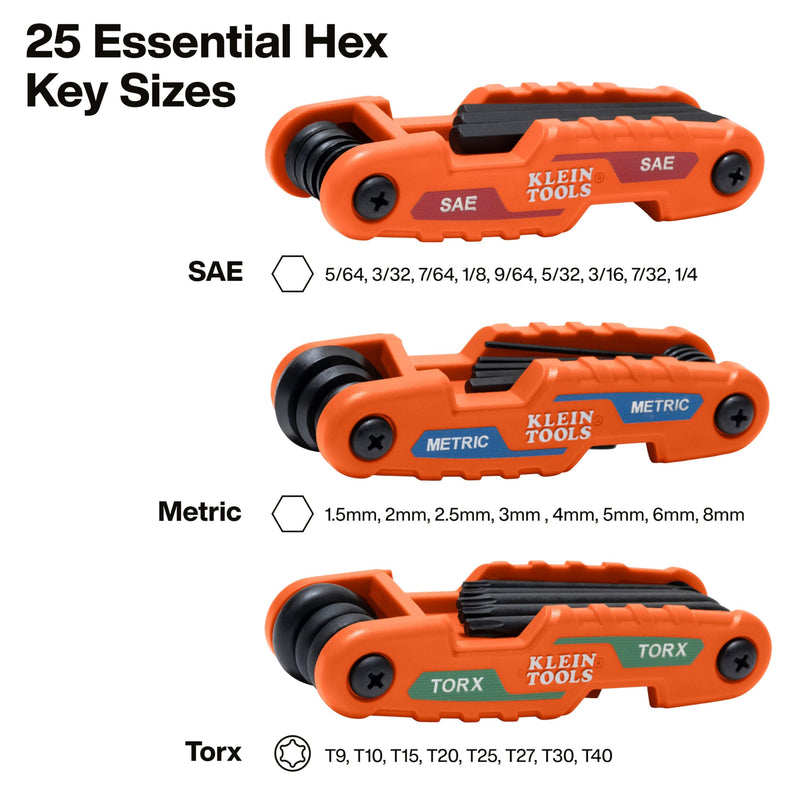 Klein Tools 70543 3-Piece Compact Folding Hex Key Set, Metric, SAE, Torx Sizes, 25 Keys, Industrial Strength Heat Treated Alloy Steel TORX, SAE & Metric Kit