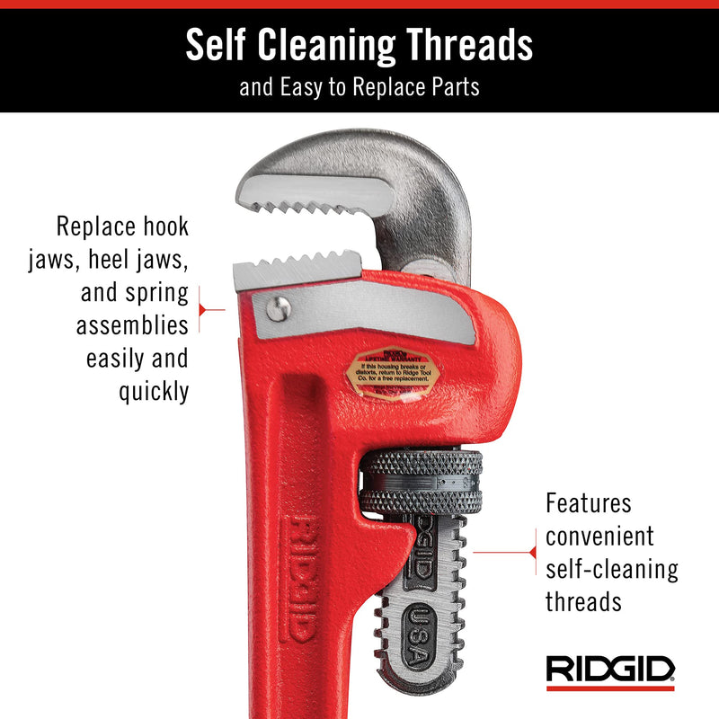 RIDGID 31005 Model 8 Heavy-Duty Straight Pipe Wrench, 8-inch Plumbing Wrench, Small, Red