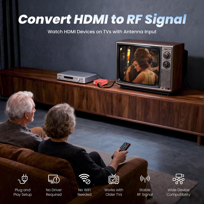 HDMI to RF Modulator with 1.2M HDMI Cable & Power Adapter,Plug and Play Coax RF Converter for TV, 1080P PLL Control NTSC Output CH3/CH4 RF Converter for Antenna TVs and Game Consoles（red）