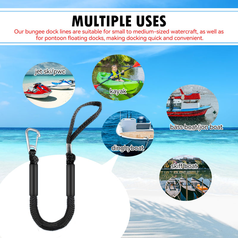 Single Hook Bungee Dock Lines – Adjustable Boat Tie Downs for Pontoon, Jet Ski, PWC, Kayak | Small Cruiser Mooring Lines | 2.5/3/4/7/14ft (2, Black, 2.5 FEET)