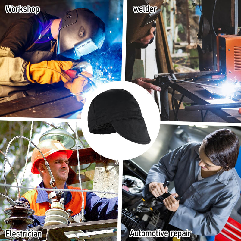 Reversible Welding Cap for Men, Washable Water Fireproof Fire Retardant Cotton Cloth Welding-Hat, Protective Welders Cap for Safety and Head Protection While Welding to Men Women(Black) Black