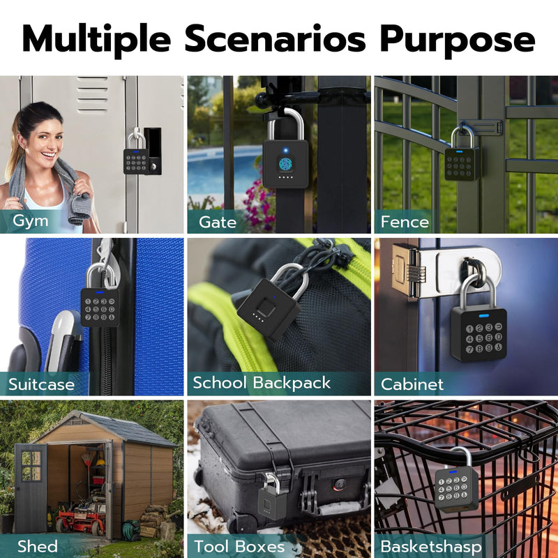 Smart Locker Lock with Code, Fingerprint Keyless Biometric Padlock, Weatherproof Biometric Combo Lock with Bluetooth APP, Smart Combination Pad Lock Storage Unit Outdoor Fence Gate Shed