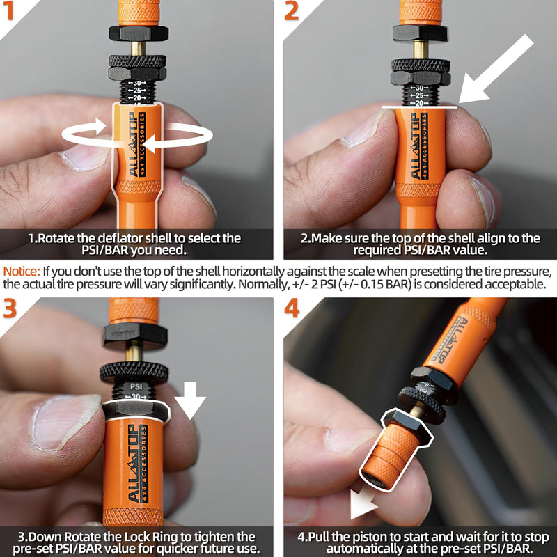  [AUSTRALIA] - ALL-TOP Adjustable Auto-Stop Tire Deflator Valve Kit (10-30PSI) 4 PCS Tyre Air Down Tool with Screw-On Back-up Valve Caps for Offroad 4x4 (2nd Gen) Orange