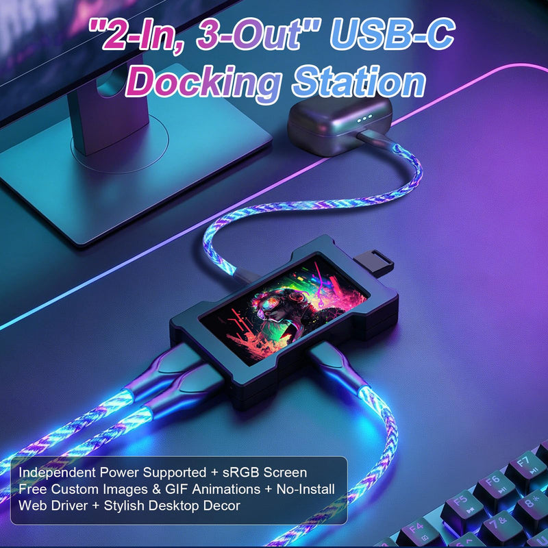 USB C Hub Docking Station with 1.9”IPS Smart Display, Power Monitor Screen | Aluminum Alloy Mini Desktop Dock, 2-In 3-Out 8K Usbc Splitter, DIY GIF Digital Photo Frame for Gaming & Desk Setup, Black