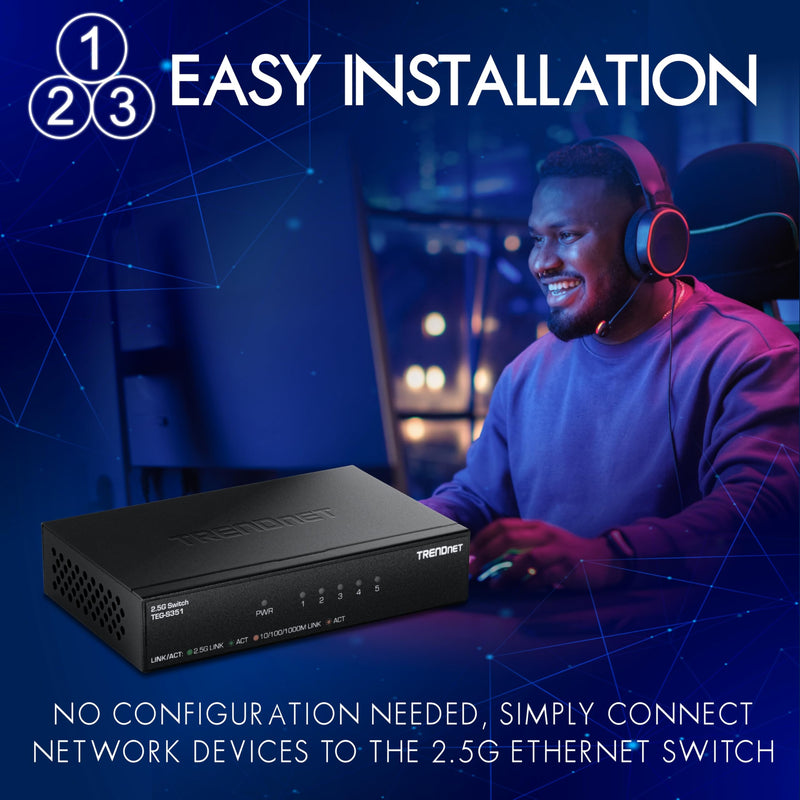 TRENDnet 5-Port 2.5Gb Switch, TEG-S351, 5 x 2.5G RJ45 Ports, 25Gbps Switching Capacity, NDAA + TAA Compliant, Ethernet Splitter, for Game Console, NAS, PC, Lifetime Protection 5 Port 2.5G