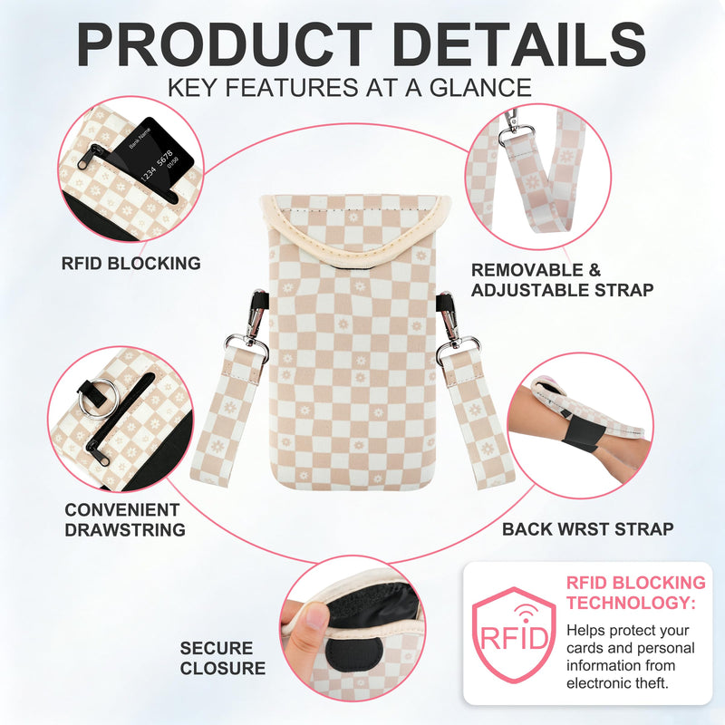 KJQJLY RFID Blocking Neoprene Cell Phone Sleeve (Beige Floral Checkered) | RFID Blocking Neoprene Cell Phone Sleeve Pouch with Crossbody Strap Fits iPhone 17/16/15/14 Pro Max, Samsung S25, Pixel 10 Beige Floral Checkered