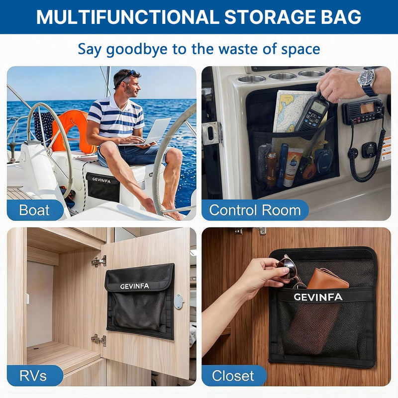Boat Storage Mesh Bag, 13.7x10.63 Self-Adhesive Organizer with Secure Lid, 4 Heavy Duty Hook Pads and Velcro Back, Breathable Net Pockets for Boat Cabin Accessories, RVs and Home(1 PCS) Black-1 PCS
