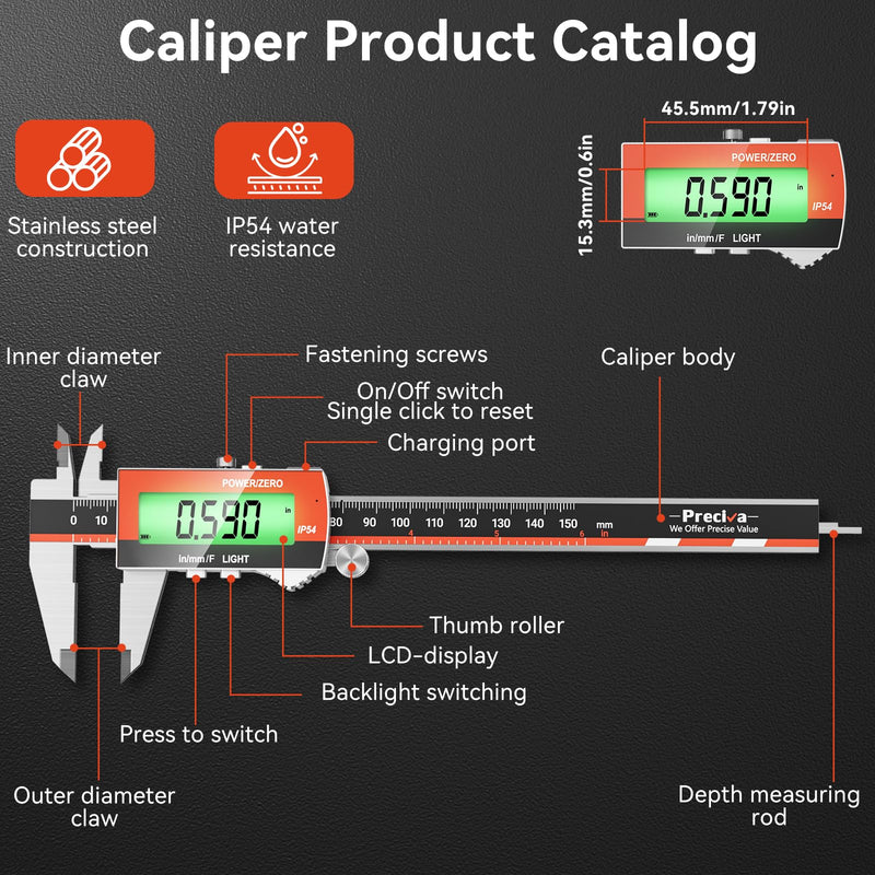 Preciva Digital Caliper, Rechargeable 6 inch Vernier Caliper with Large LCD Screen Stainless Steel Electronic Measuring Tool with Fraction/Inch/Metric Conversions, Auto-Off Feature