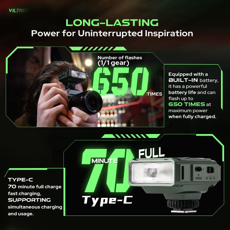 VILTROX Spark Z3 F Z3-F TTL Camera Flash, 26Ws 6500k 7 Levels Mini Flashes | 650, Full-Power, GN16, 1s Recycling Time Speedlite Flash for Fuji Cameras (Green) Green