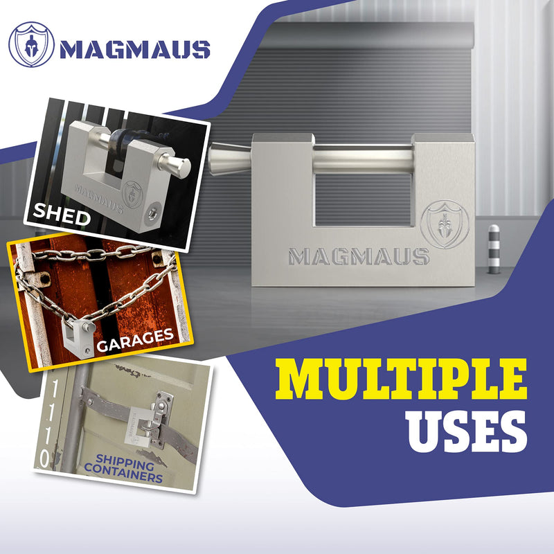 Magmaus® RTL50 [Armoured] High Security Padlock – Heavy Duty Gate Lock - 0.43” (11mm) Shackle Clearance & 0.31” Thick Bolt – Weatherproof Outdoor Lock for Storage Units, Sheds & Fences – 3 Keys 50mm 1 Pack - 3 Keys Silver