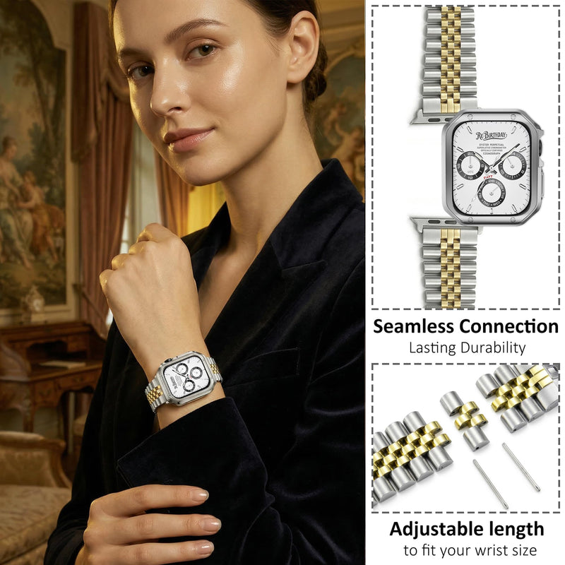Metal Band with Case Compatible with Apple Watch 42mm Series 11/10, Stainless Steel Link Bracelet Strap with TPU Bumper Cover for Men Women, Gold Silvery+Gold 42mm(Series 11/10)