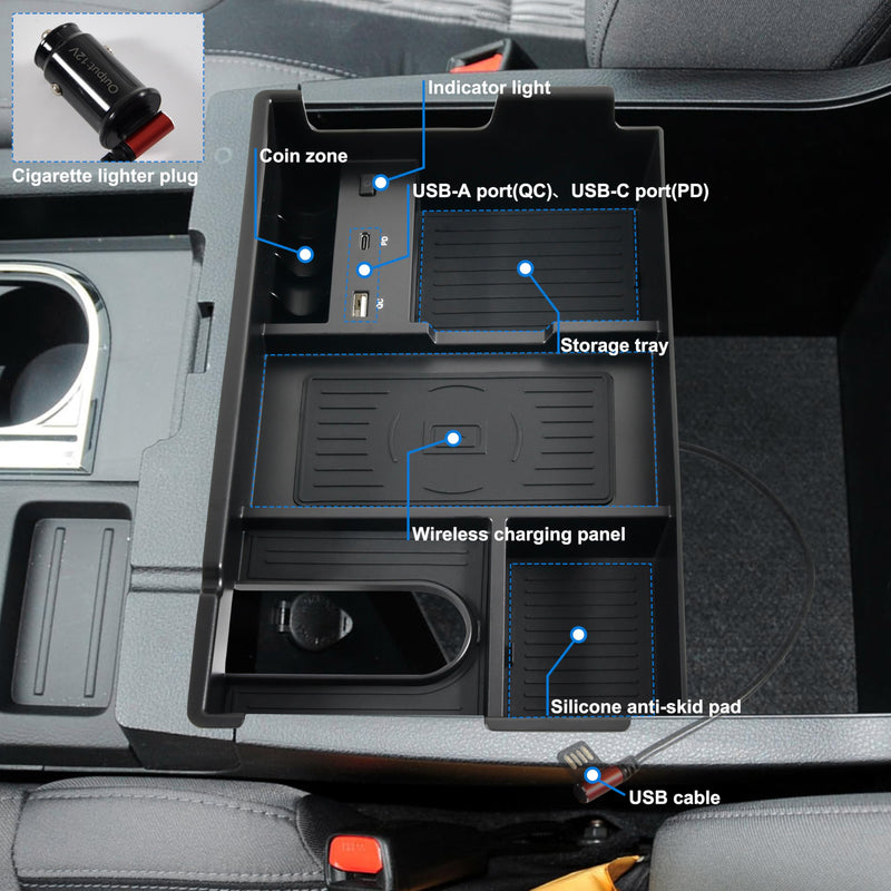 Wireless Charger for Toyota Tundra 2014-2021 Accessories | Center Console Organizer Tray, USB-A USB-C Fast Phone Charging Panel Pad, Armrest Storage Box for Tundra
