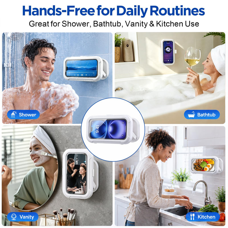 AgePlace Shower Phone Holder Waterproof, 480° Rotatable & Retractable Wall Mount Phone Holder for Shower, Anti-Fog Touchscreen Bathroom Phone Holder with Adhesive No-Drill Mount, Fits 4–6.7" Phones WHITE