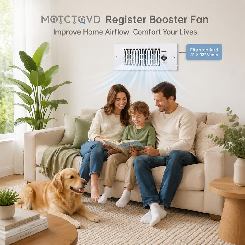 Smart Register Booster Fan for 4” x 12” Vents, Thermostat Control Improves Heating/Cooling, 10-Speed Quiet Vent Fan Booster with Remote Control for Floor or Wall Ducts 4" x 12" Haze White