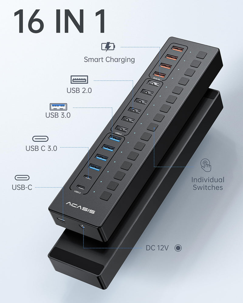 Powered USB 3.0 Hub, ACASIS 16 Port USB Hub Powered(Include 2*USB C 3.0+4 Smart Charging Port) with 60W Power Adapter, Support Wall Mount, USB Hub for PC Laptop, Mac, Printer, Camera 16 ports