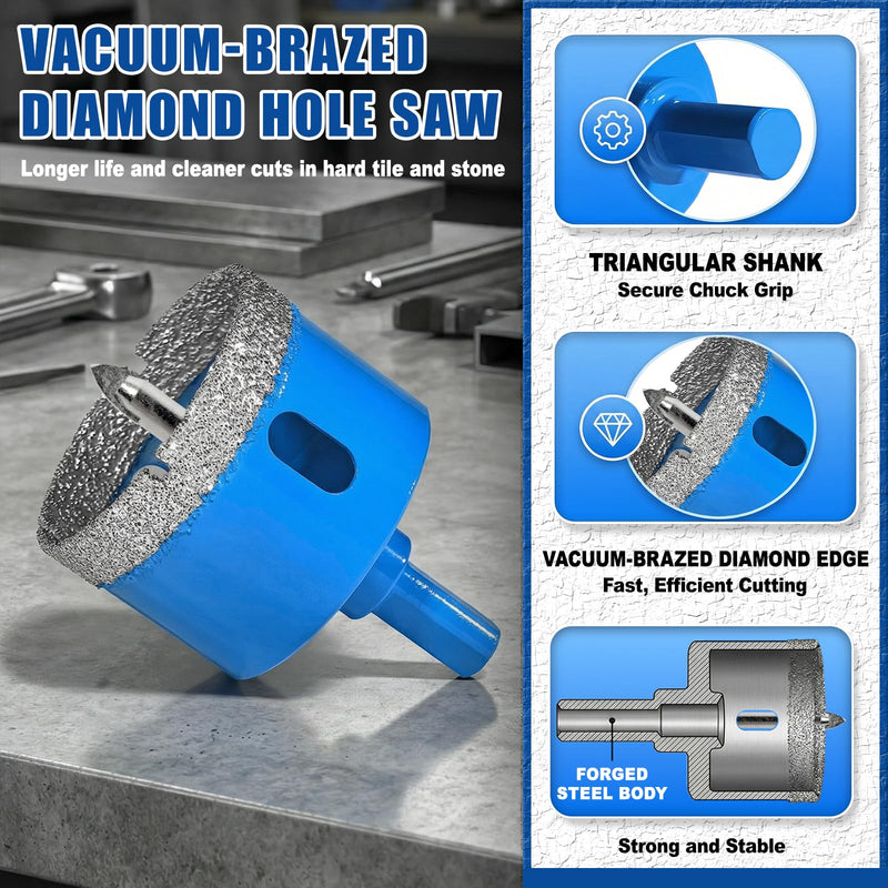 9-Piece Vacuum Brazed Diamond Hole Saw Kit with Pilot Bits | 6-50mm tile hole saw kit with pilot bits cuts clean holes wet or dry in tile, porcelain, ceramic, granite, marble and stone K7-6/8/10/12/20/25/32/35MM/2" 9
