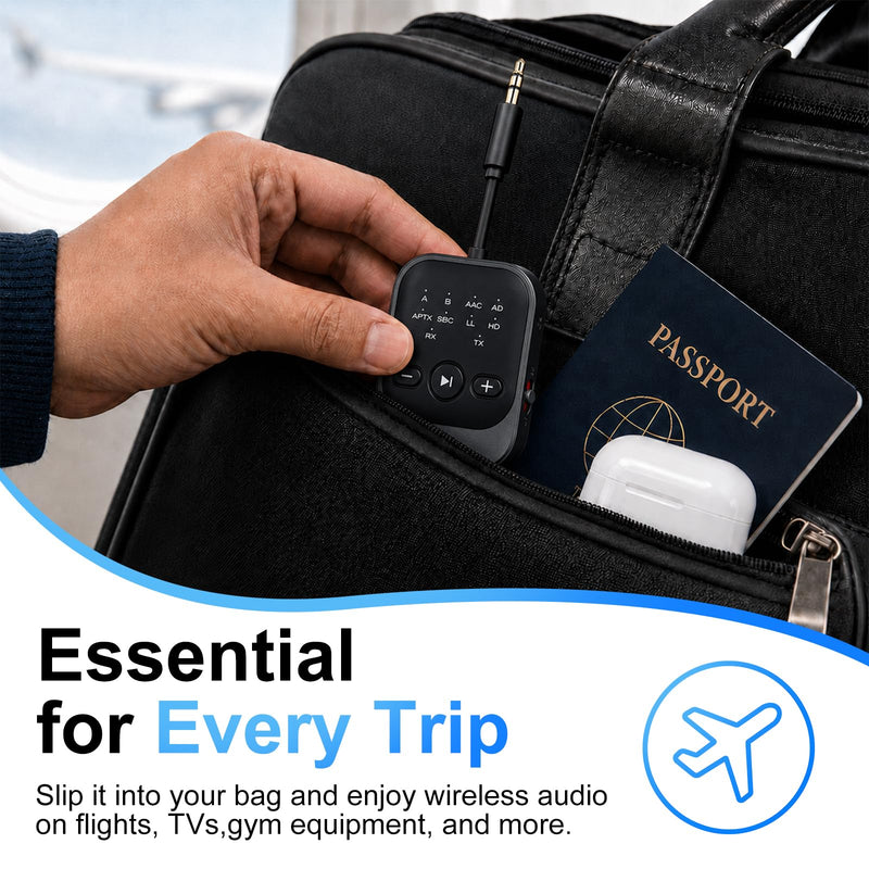 Bluetooth Transmitter Receiver, Airplane Bluetooth Adapter for TV (Black) | Bluetooth 5.3 Airplane Travel Essentials 2-in-1 Wireless Bluetooth Adapter Dual Link for Headphones Low Latency with Mic Black