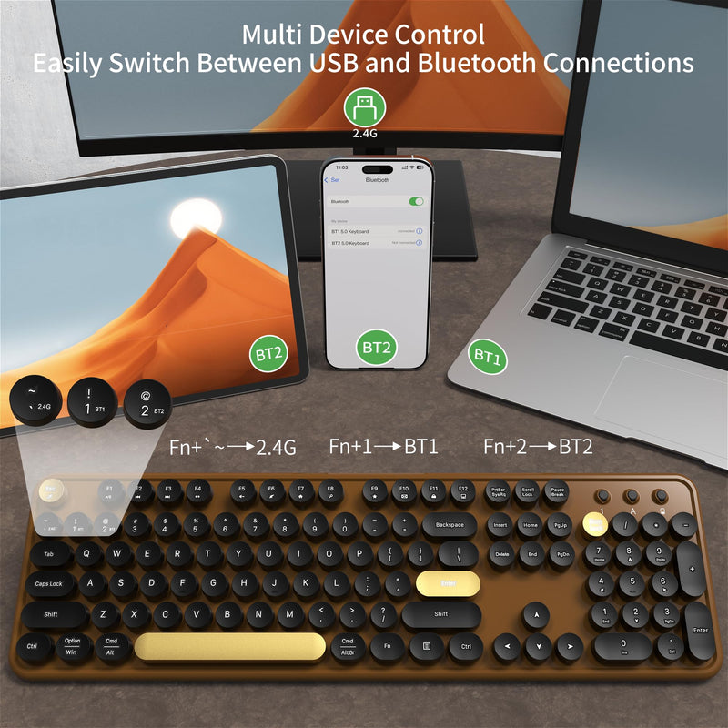 Wireless Bluetooth Keyboard, 2.4G & Dual Mode, Black Coffee | Full Size Wireless Keyboard with Number Pad, Ergonomic Keys & Adjustable Feet, Compatible with PC Laptop Tablet Phone