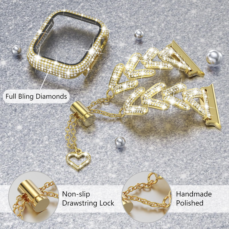 Wingle for Gold Apple Watch Bands 41mm for Women, iWatch Series 8 7 Stainless Steel Metal Band Luxury Diamond Bracelet Rhinestone Crystal Strap with Bling Screen Protector Case Dressy Chain,41 mm Gold