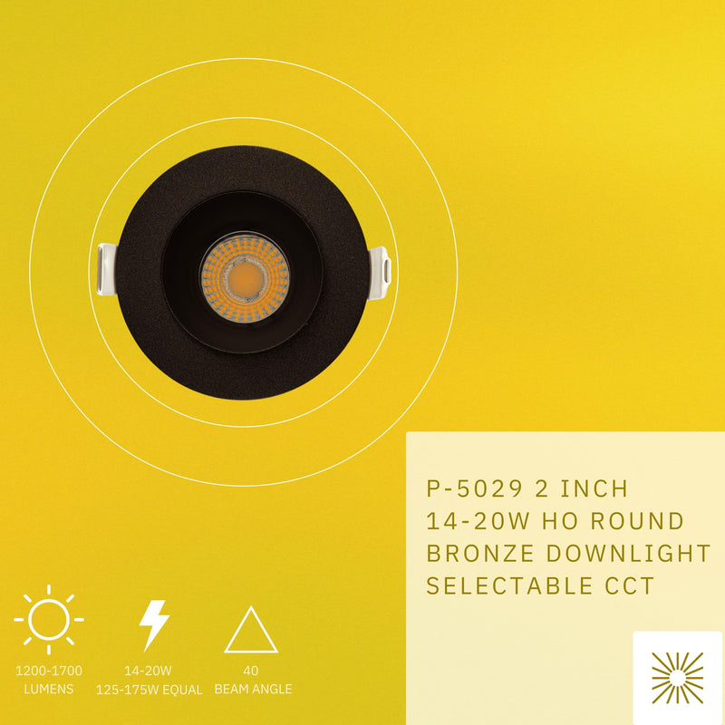 2 inch Round Bronze HO Downlight Luminaire, LED Recessed Light Fixtures Ceiling Lights, Dimmable 14-20W=125-175W,1200-1700 Lumens, CRI 90+, 5CCT Selectable 2700K|3000K|3500K|4100K|5000K Trim Round Bronze 2 inch HO