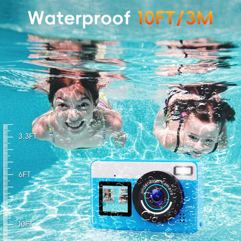 Maxmango D70 4K Underwater Digital Camera - 48MP 10FT Waterproof Camera for Snorkeling - Dual Screen Selfie Compact Floatable Camera with 16GB Card - Point and Shoot Digital Cam 1200mAh Battery -Blue Blue