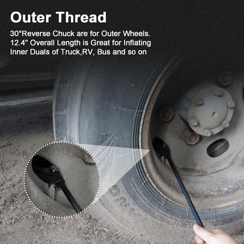 GODESON Air Chuck,12" Extended Reach Air Chucks for Tires，Heavy Duty Dual Head Air Chuck for Semi Tire Inflation,1/4" FNPT Straight Air Chuck for Truck RV Semi Dually Tires Black 12-inch